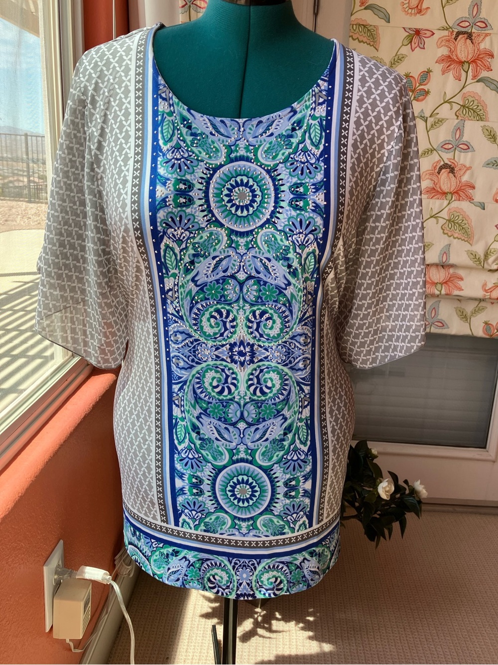 M Collection for Women Blue & Gray Printed Overlay Tunic Top 2X